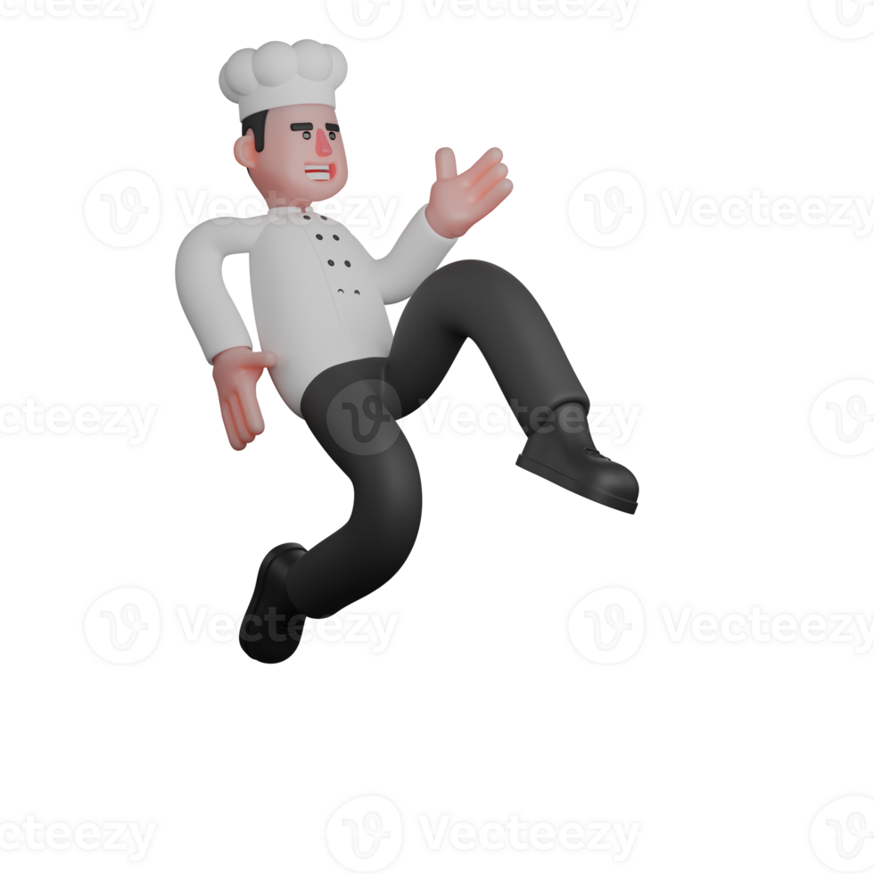 3D Male Chef Character. A chef appears to be floating in the air with an unbalanced body position. Culinary Professional png
