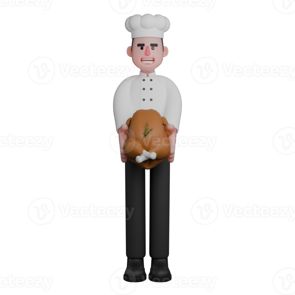Cartoon Style Gourmet Chef. A chef is holding a roasted chicken garnished with herbs on top. 3D Male png