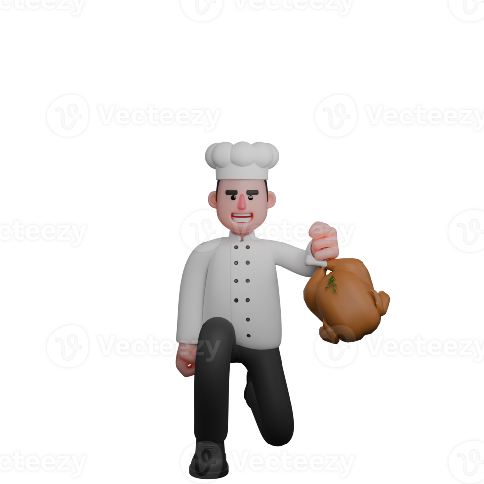 Illustrated Cooking Expert. A chef bends down while holding a plate of roast meat with both hands. 3D Male Chef png
