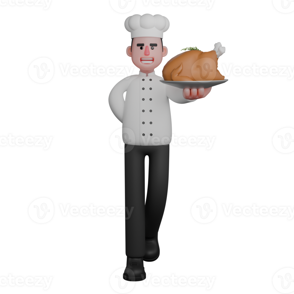 Male Chef Culinary Professional. A chef stands with one hand behind his back and the other holding a plate containing roast chicken. 3D Cartoon png