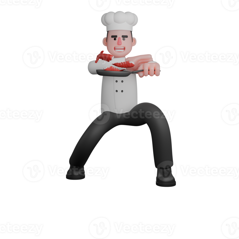 of Male Culinary Professional. A chef is showcasing his cooking skills by holding a frying pan filled with several pieces of shrimp. 3D Chef png
