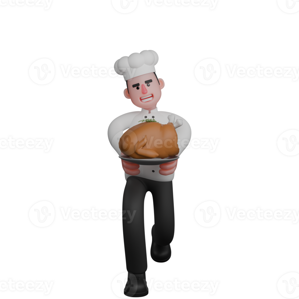 Animated Professional Chef. A chef walks in carrying a large plate of roasted meat. 3D Male png
