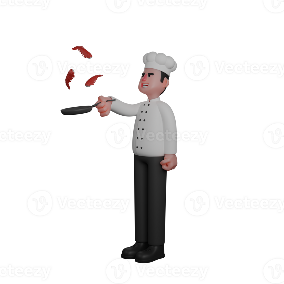 Male Culinary 3D Animation. A chef is cooking using a frying pan, appearing to be flipping some food pieces in the air. Chef png
