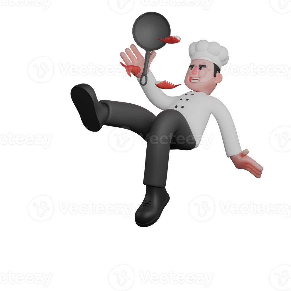 3D Male Chef in Restaurant. A chef is accidentally falling while holding a frying pan filled with shrimp png