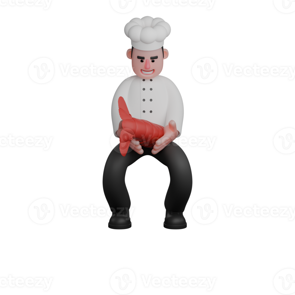Professional 3D Male Chef. A chef is holding a large shrimp with both hands. Culinary Character png