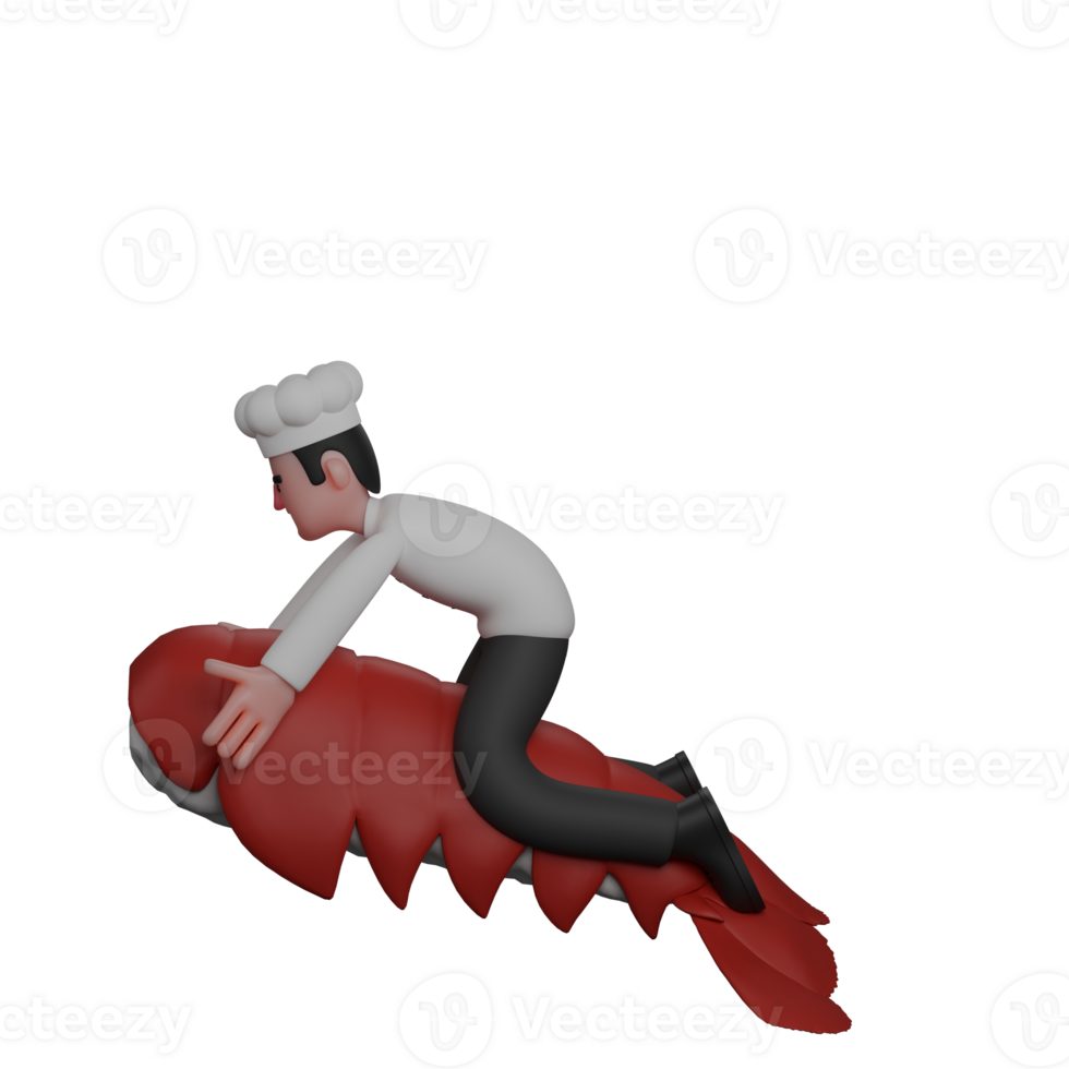 Culinary 3D Cartoon. A chef is riding a large shrimp in a style similar to riding a horse. Male Chef png