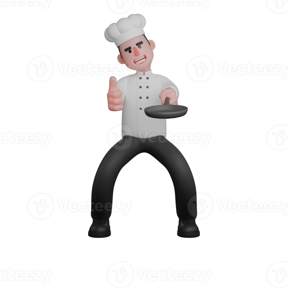 3D Male Chef. A chef is standing in a ready-to-cook stance while holding a frying pan and giving a thumbs-up as a sign of approval or satisfaction. Professional Culinary Character png