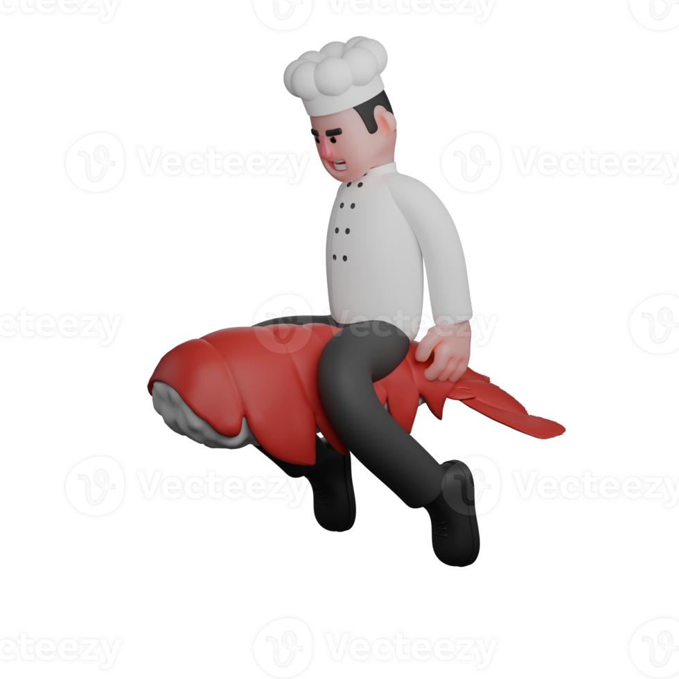 3D Cartoon of Male Chef. A chef is sitting on top of a large shrimp with a serious expression on his face. Professional png