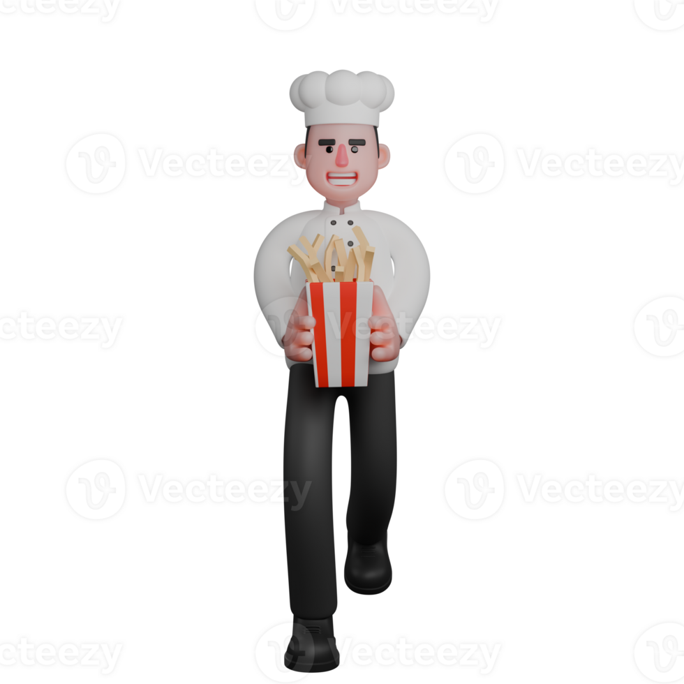 3D Model of Professional Male Chef. A confident chef is walking while carrying a large box of French fries png