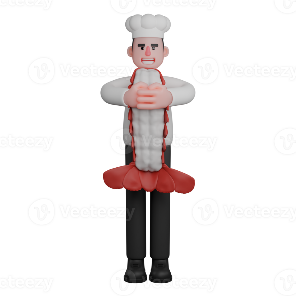 Professional Chef in 3D. A chef is hugging a big shrimp with both hands png