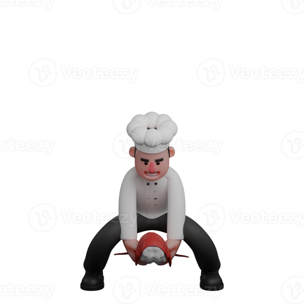 Male Chef Professional Character. A chef is bending forward with determination, holding a giant shrimp in both hands carefully png