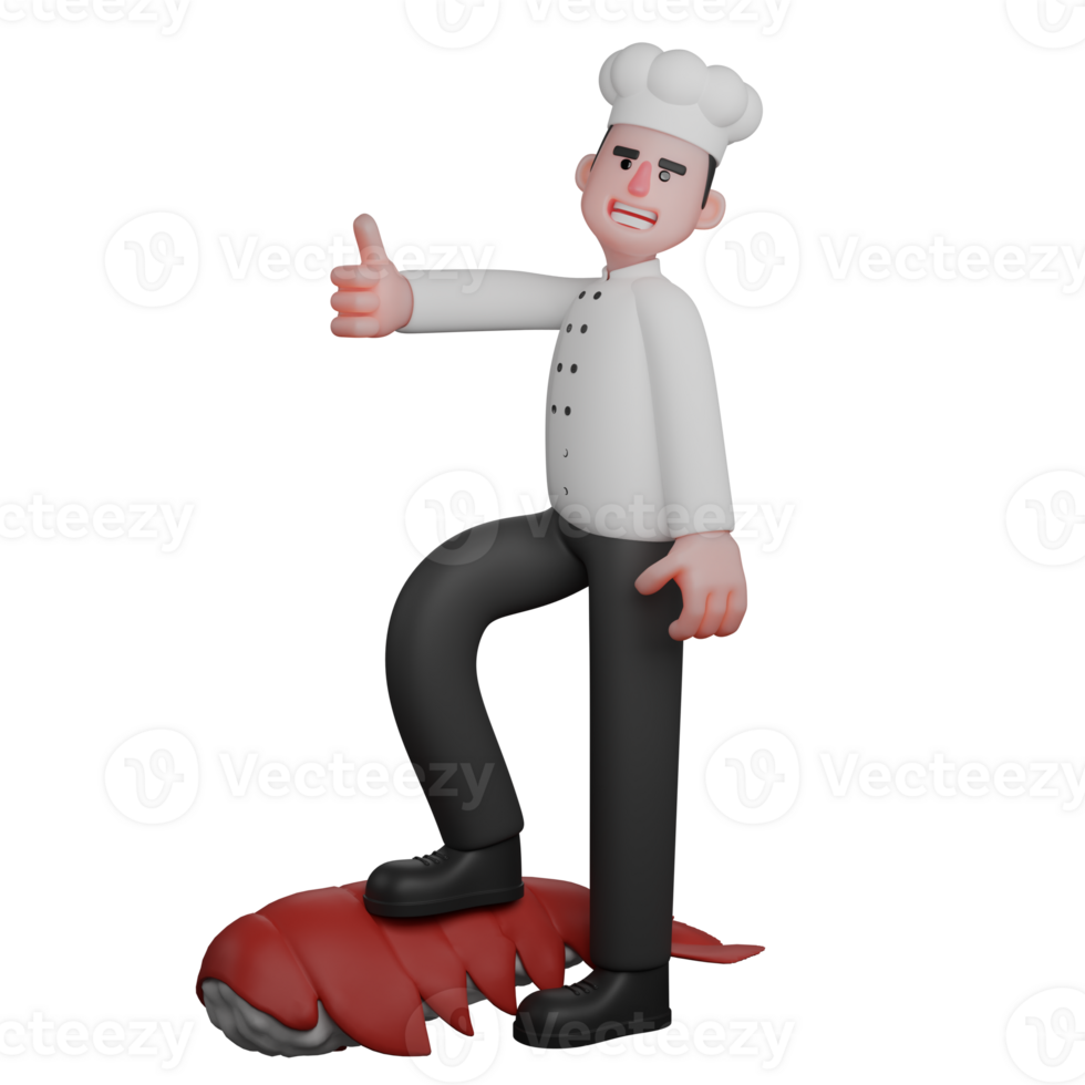 Cartoon Professional Chef. A confident chef places his foot on a giant shrimp while giving a thumbs up png
