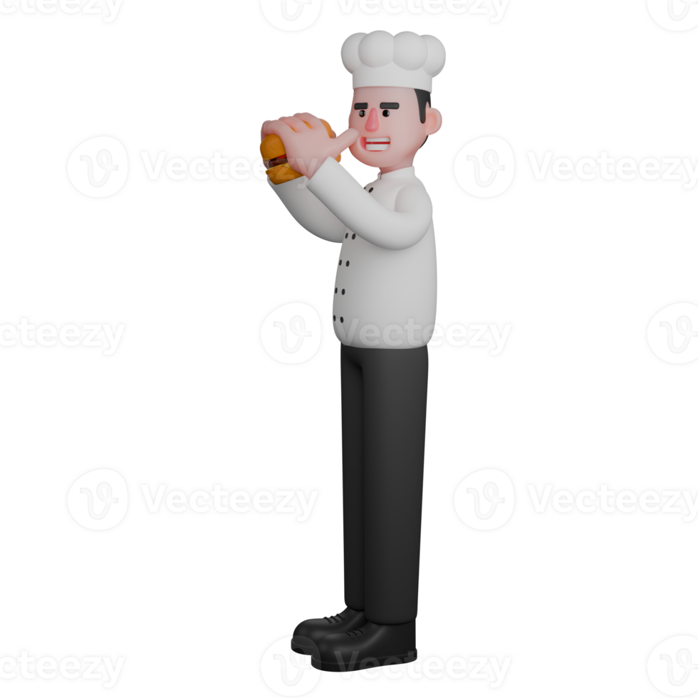 3D Male Chef Character in Action. A chef is taking a bite of a small burger with a happy expression png