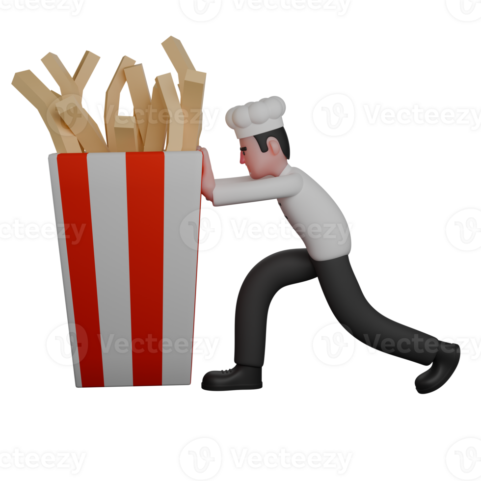 Chef Male Professional. A chef is pushing a large box of French fries with full force. 3D Cartoon png
