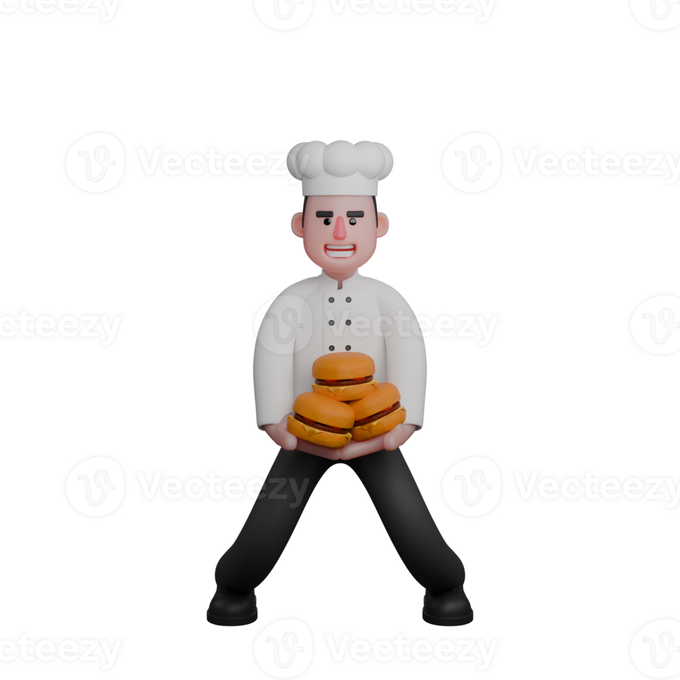 3d profesional masculino en cocinero role. un cocinero es en pie con su piernas untado ancho, participación varios hamburguesas en ambos manos png