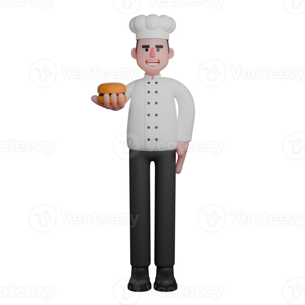 de 3d masculino cocinero. un cocinero es participación un hamburguesa en su Derecha mano mientras sonriente. profesional dibujos animados png