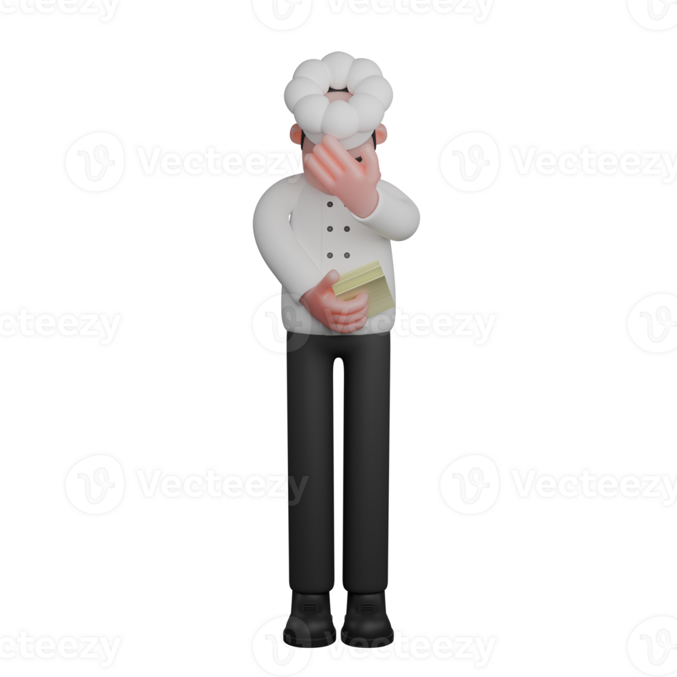 Male Chef in Culinary 3D. A chef covers his face with one hand as if feeling embarrassed or anxious while holding money in the other hand. Professional Character png