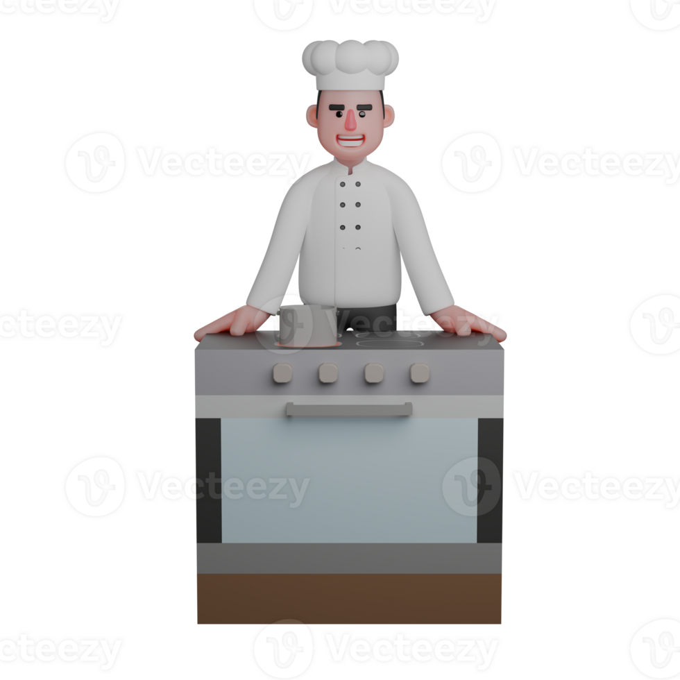 Culinary Chef Professional in 3D. A chef is standing with his back to the stove png