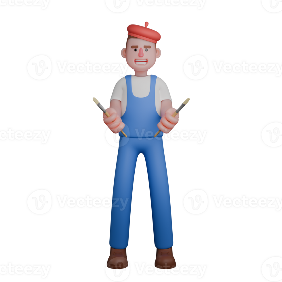 3D Male Painter. An artist with an enthusiastic expression is holding two paintbrushes in both hands. Artistic Cartoon Character png