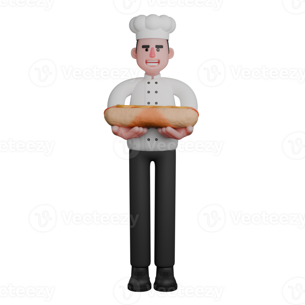 Male Professional Chef - 3D Character. A chef is smiling while holding a large sandwich or hotdog with both hands png