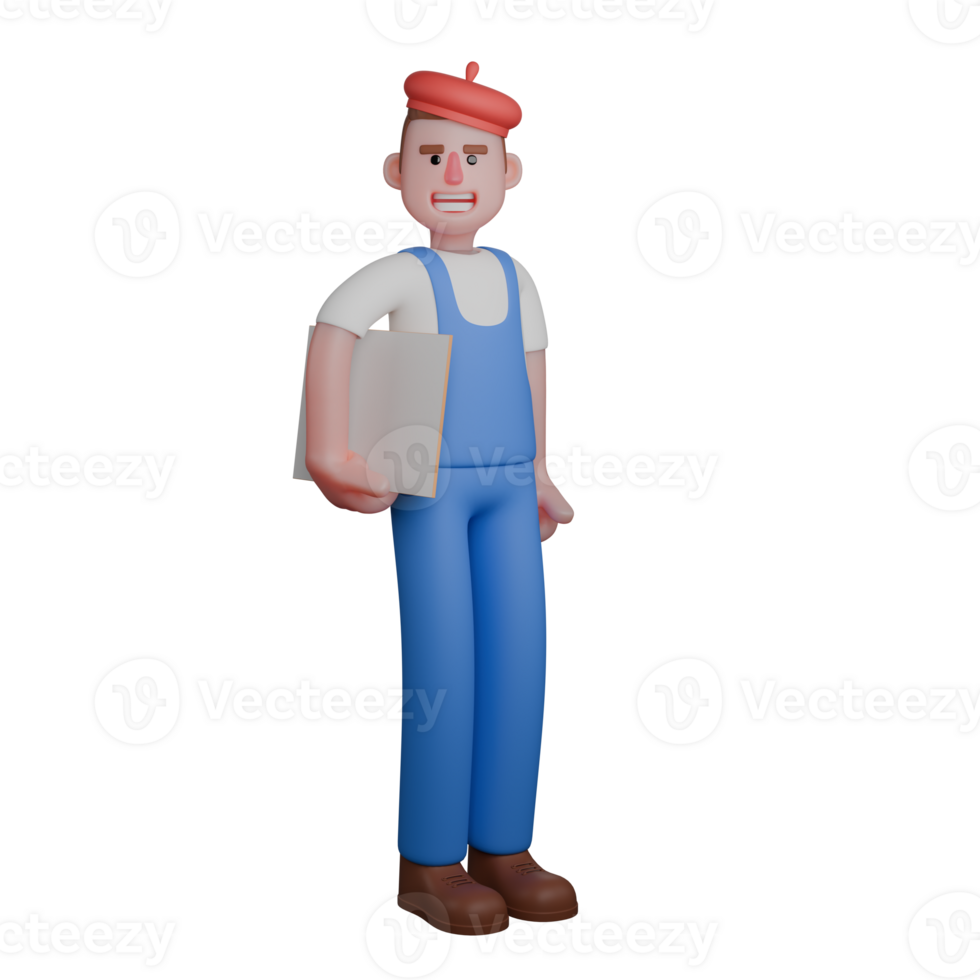 Male Painter in 3D. An artist stands with a serious expression while holding a canvas in one hand png