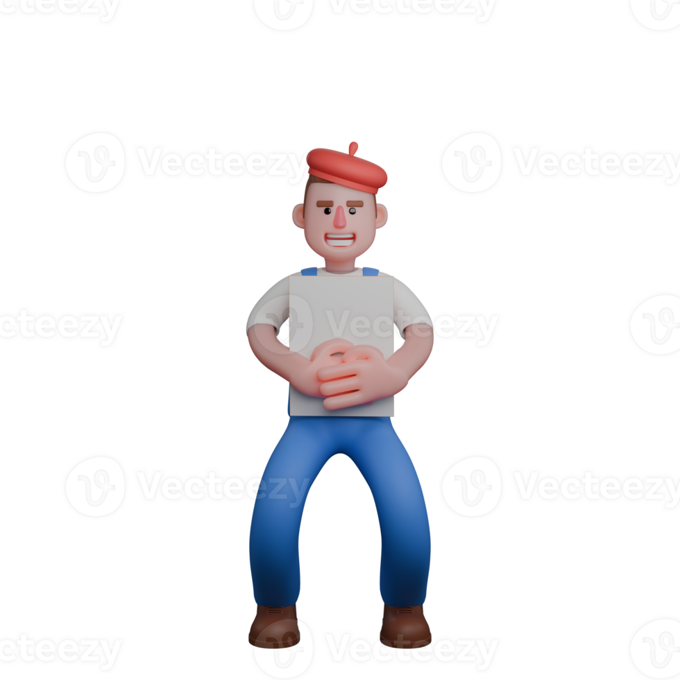 Artistic Expert 3D. An artist is standing while holding a canvas with both hands in front of his body. Painter Cartoon png