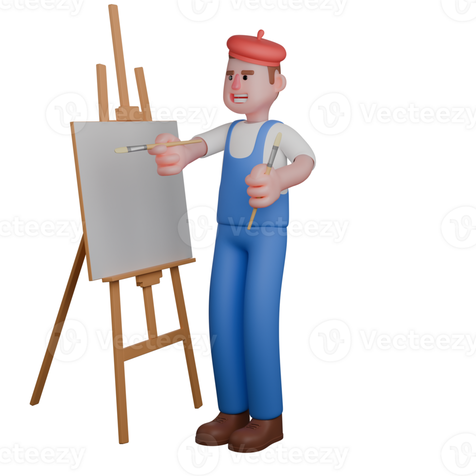 Illustrated 3D Artist. An artist is holding two paintbrushes and standing in front of a blank canvas on an easel. Male Painter png