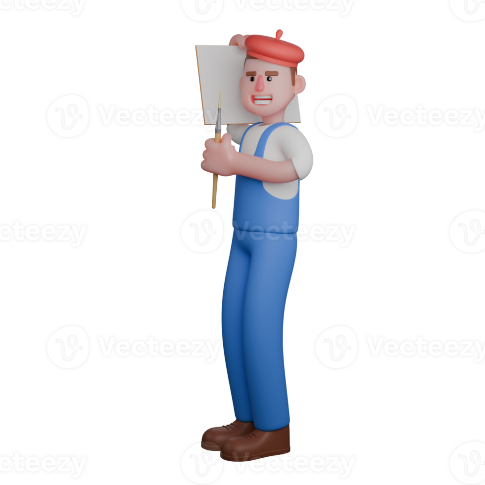 Illustration of a Professional Painter. A painter holds a canvas in one hand and a brush in the other, displaying a confident expression. 3D Male png