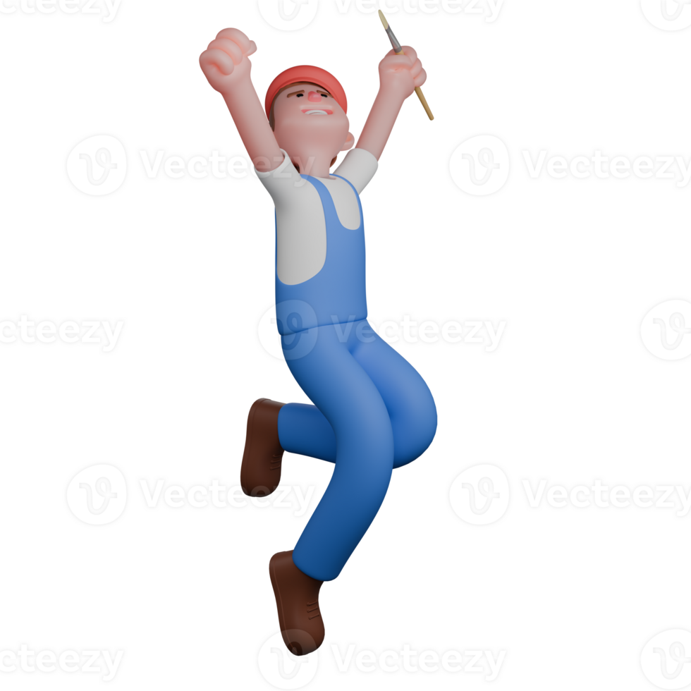 Cartoon Male Painter. A painter is jumping with raised hands, expressing joy and enthusiasm. 3D Art Expert png