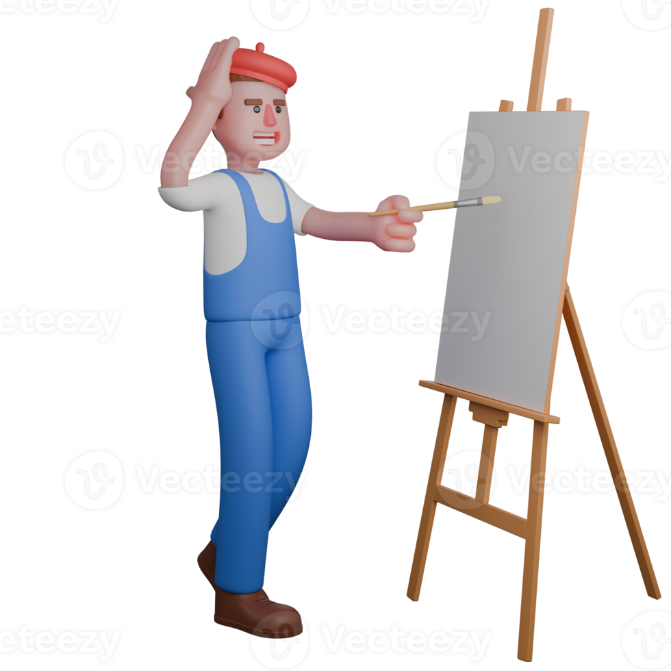 of a Male Painter. a painter who is reflecting while holding a brush in front of a blank canvas on an easel. 3D Style png
