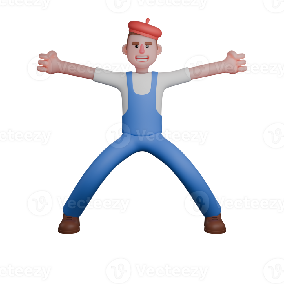 Professional Artist Character. artist standing with legs wide apart and arms stretched out to the sides, creating a highly expressive pose. 3D Male Model png