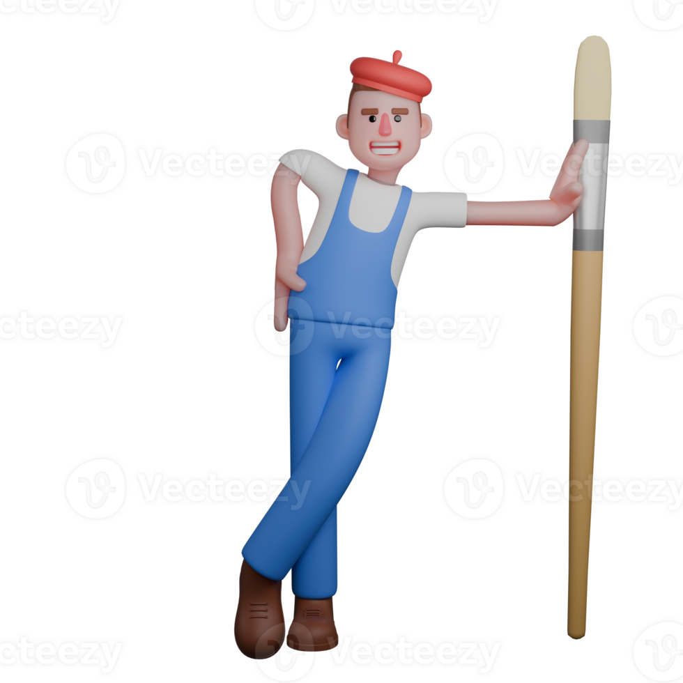 Male Painter in Action. an artist leaning casually on a large paintbrush while smiling. 3D Artistic Scene png