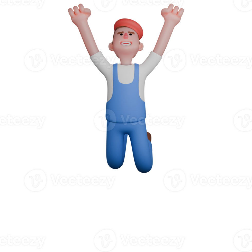 Professional Painter 3D Art. a painter jumping with both hands raised high, expressing joy or victory. Male Character png