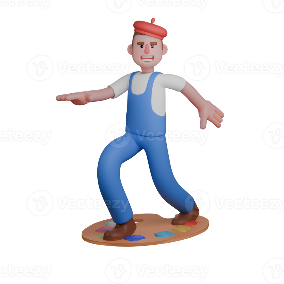 of an Art Expert. a painter in a gliding position as if he is surfing on a color palette filled with paint. Male Painter png