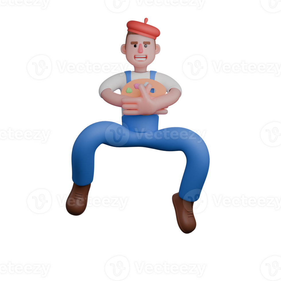 Professional Male Painter in 3D. a painter in a unique position, appearing as if he is balancing while holding a color palette against his chest. Artistic Character png