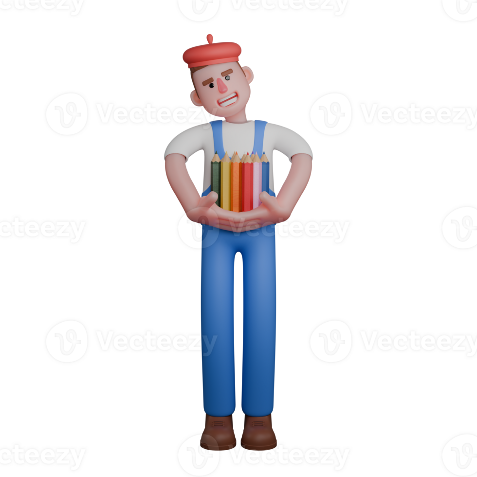 3D Art Character. a painter carrying a set of colored pencils with both hands. Male Painter png