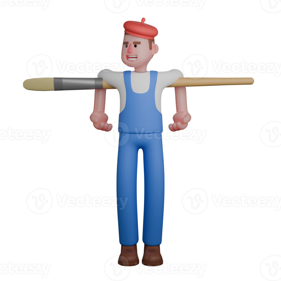 Art Provider 3D. a painter standing with both arms extended straight to the sides, balancing a large brush on his shoulders. Male Painter Cartoon png