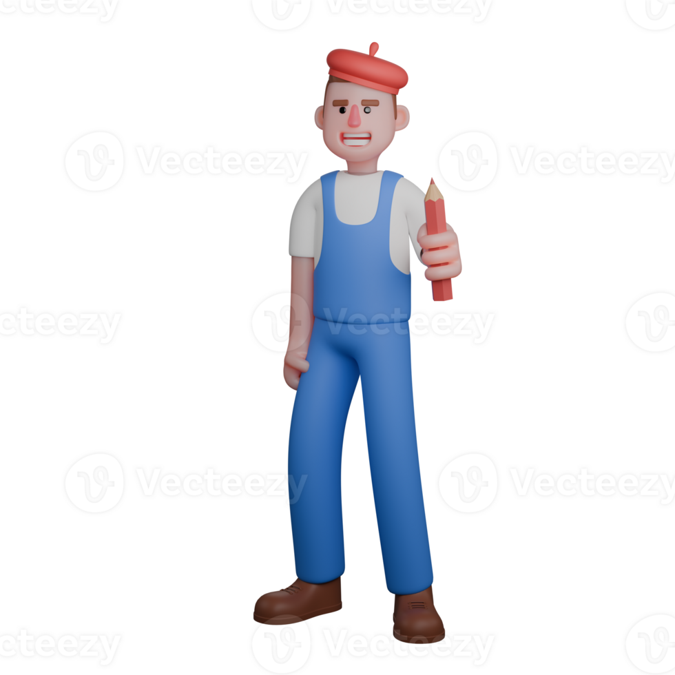 Male Artistic 3D Animation. An artist is seen firmly holding a red pencil in his right hand, as if ready to start drawing or convey an idea. Painter png