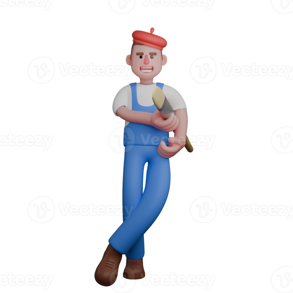 3D Male Painter Creating Art. a painter standing casually while holding a large brush in his hand. Artistic Cartoon png