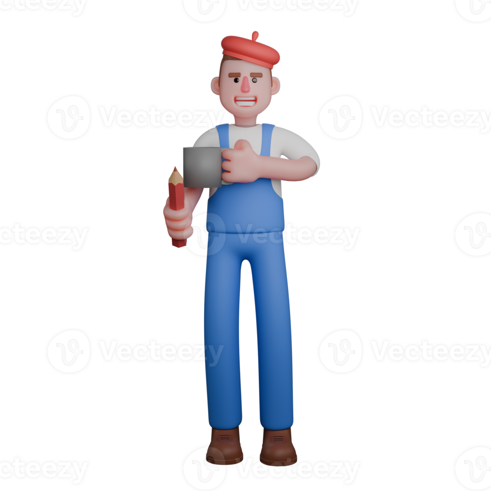 3D Male Painter Character. An artist is holding a cup of coffee in his left hand while gripping a pencil in his right hand. Artistic Professional png