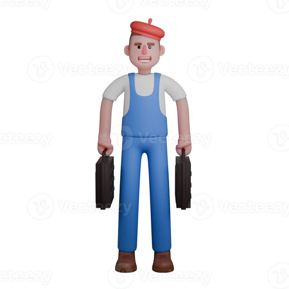 3D Male Painter in Gallery. An artist is standing upright with both hands holding black briefcases on either side of his body. Cartoon png