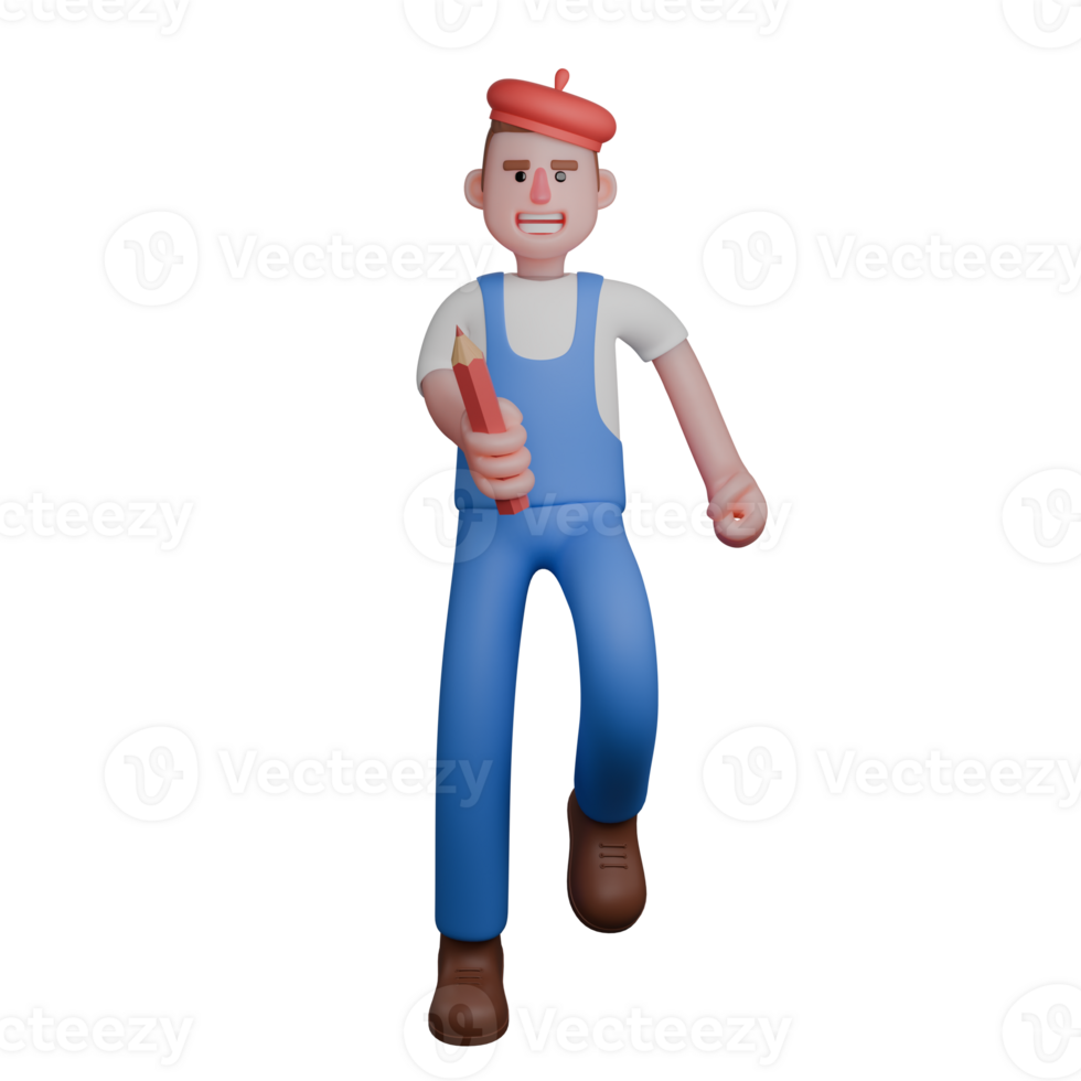 Male Studio Painter 3D. An artist is seen running with enthusiasm while holding a pencil. Professional png