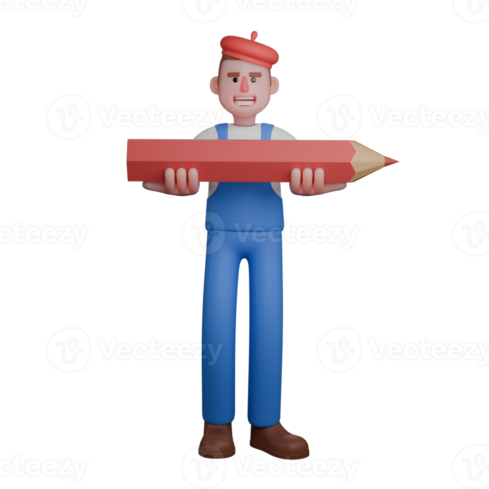 Animated Professional Painter. An artist is seen holding a large pencil in front of their body with both hands, showing an expression ready to start an artwork. 3D Male png
