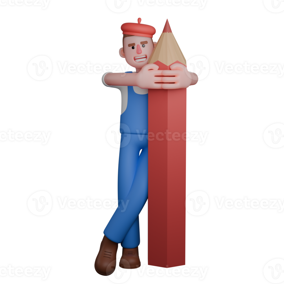 3D Art Practitioner. an artist casually leaning against a giant red pencil while hugging it tightly. Male Painter png