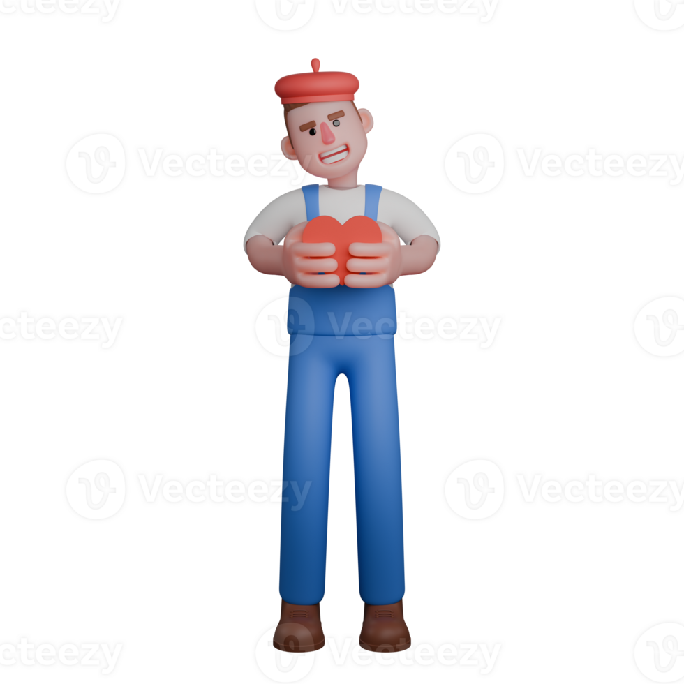 Professional 3D Artistic. An artist is smiling widely while holding a large red heart with both hands in front of his chest. png