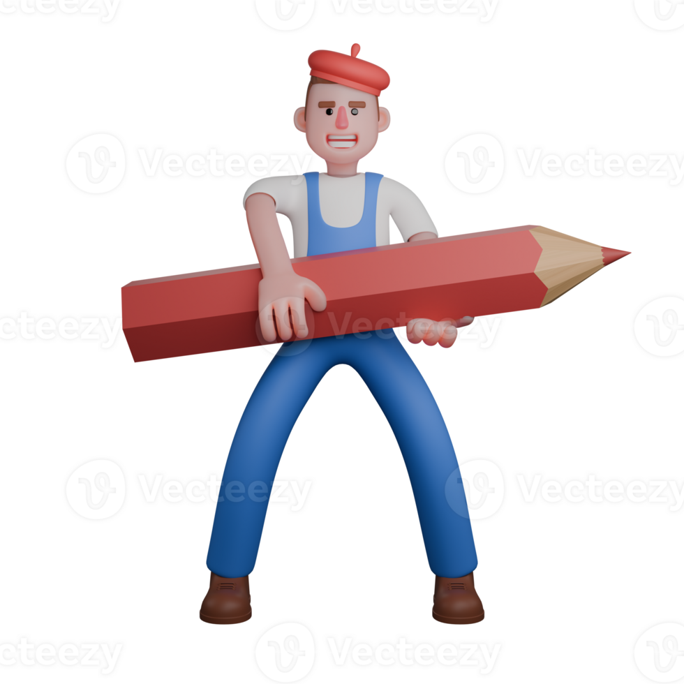 Male Painter Professionalism in 3D. An artist is standing with legs wide apart while holding a large pencil in front of their body. Artistic Cartoon png