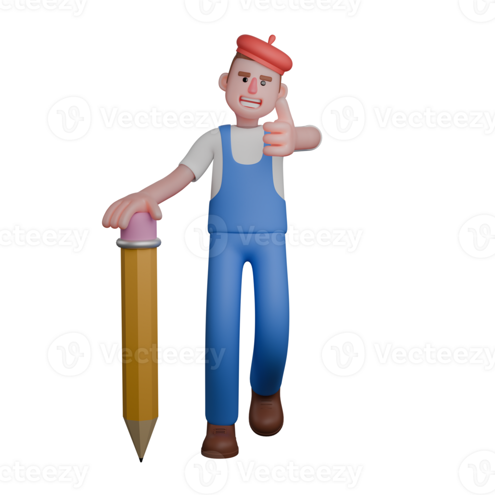3D Artistic Enforcement Male Painter. An artist is standing with his right hand giving a thumbs up and his left hand holding a large pencil while showing a confident and enthusiastic expression. png