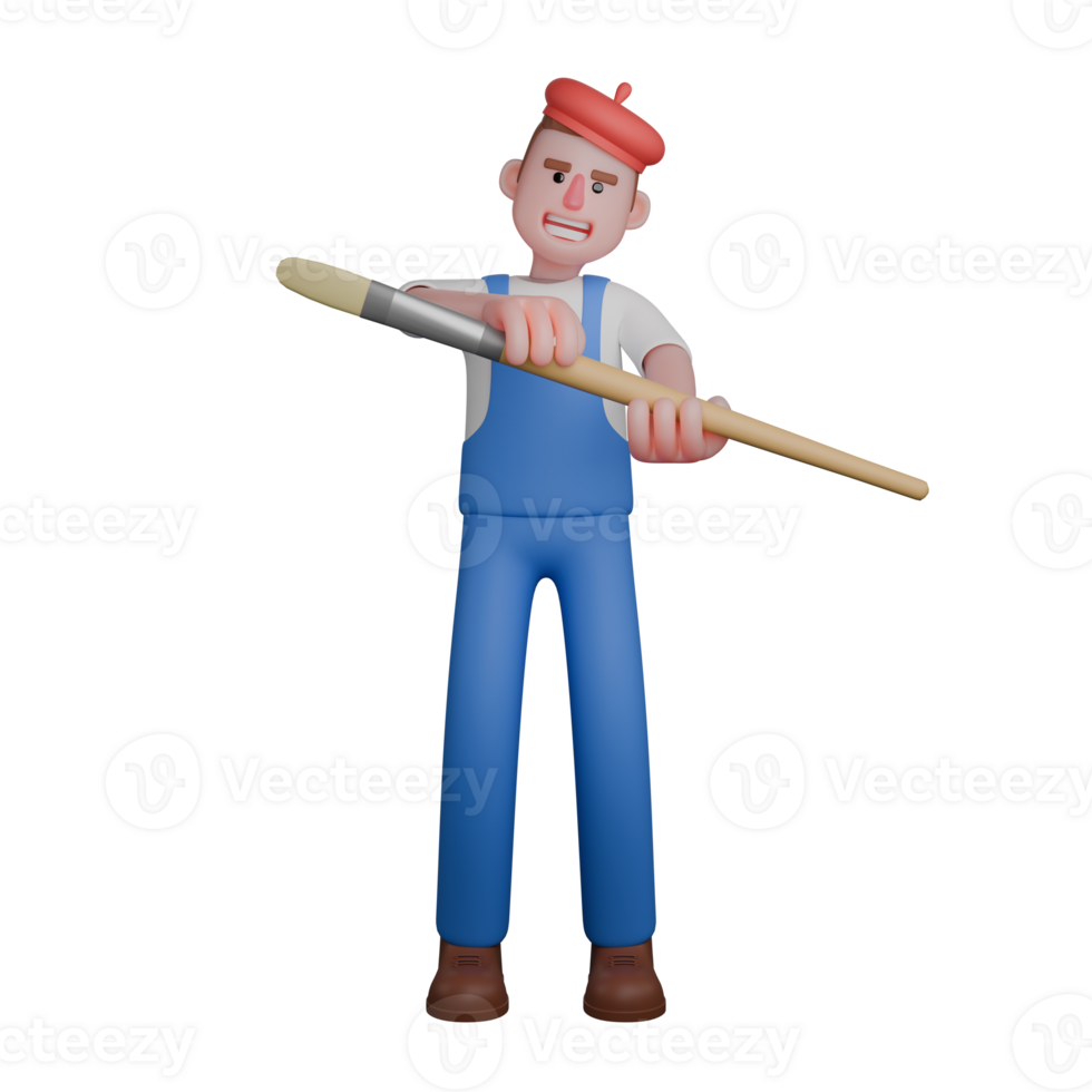 3D Model of Professional Male Painter. An artist looks serious while holding a large paintbrush with both hands. Cartoon png