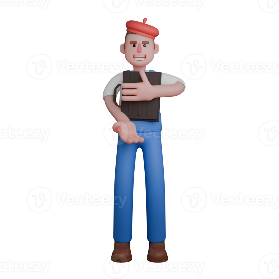 Professional 3D Male Painter. An artist stands while holding a black briefcase to his chest with one hand, while the other hand is extended forward. Artistic Character png