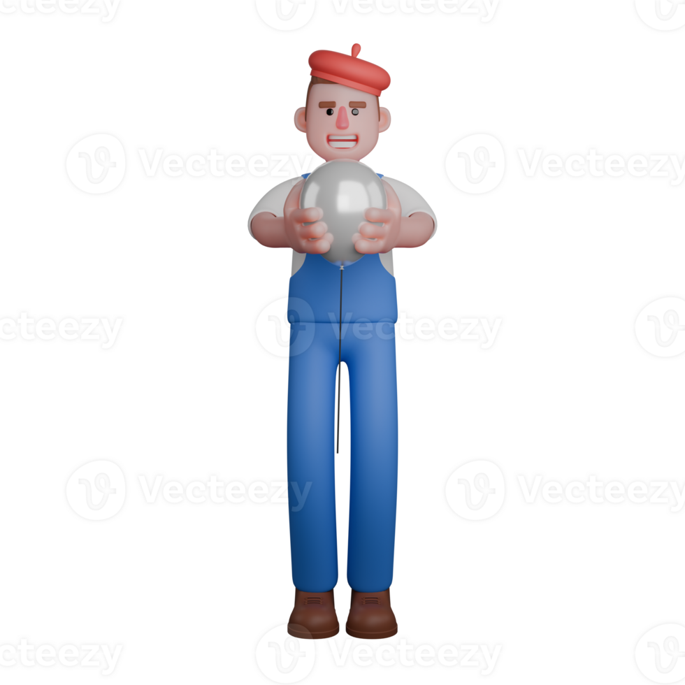 Professional Painter in 3D. An artist stands with a serious expression, holding a balloon in his right hand png